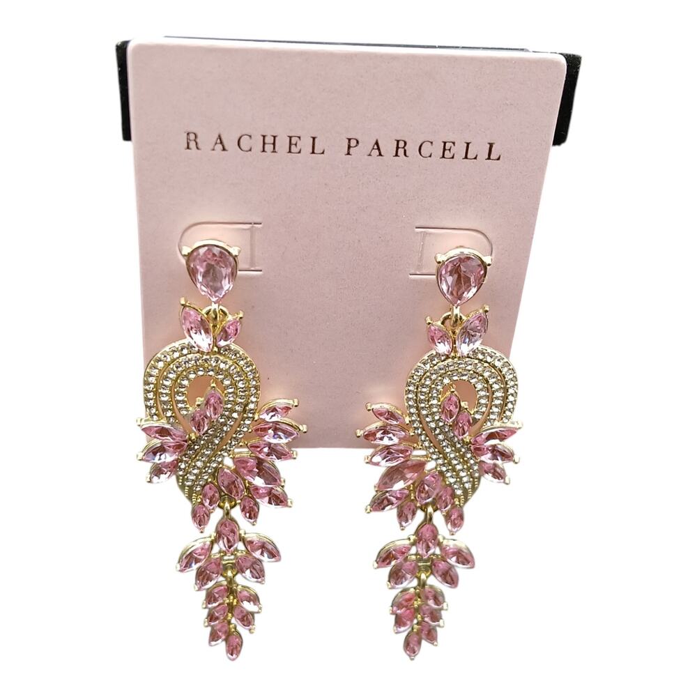 Rachel Parcell Statement Pink Crystal Dangle Earrings Gold Tone Long Drop NWT